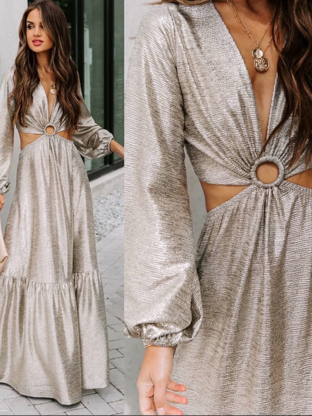 VICI Silver Ring-Front Long Sleeve Midi Dress